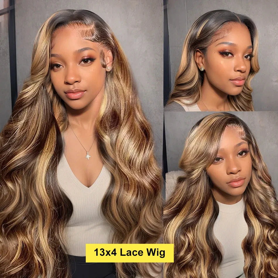 30 40 Inch 4/27 Highlight Body Wave 13x4 Human Hair Lace Frontal Wigs 250 Density Colored Ombre 13x6 HD Lace Front Wig For Women