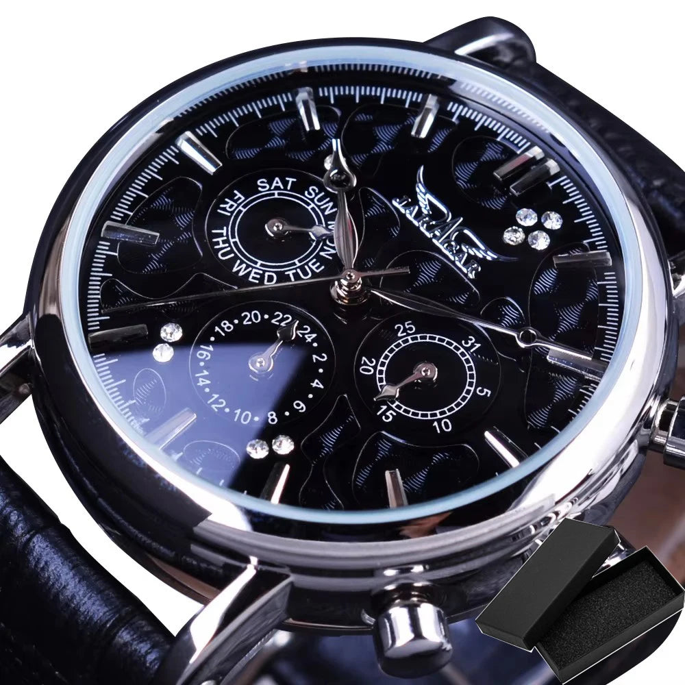 KIMLUD, Jaragar Blue Glass Design Black Silver Automatic Watch Stainless Steel Date Clock Luminous Men Business Mechanical Wristwatch, GMT939-6Small, KIMLUD APPAREL - Womens Clothes