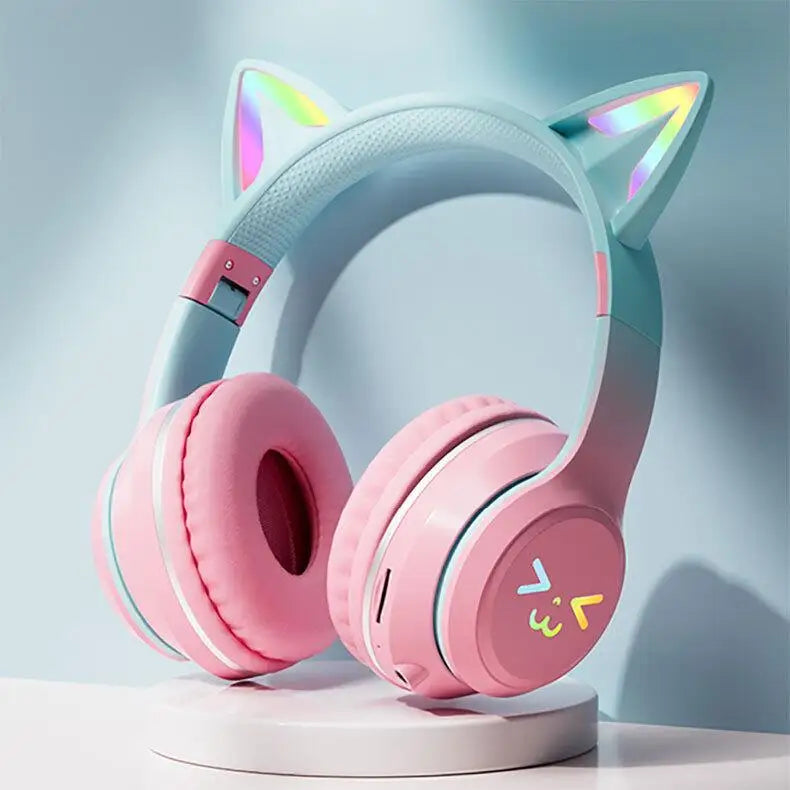 Gradient wireless Headphones RGB cute cat ear Bluetooth Earphones with microphone Stereo Music Game Earphone Girls Kids Gifts