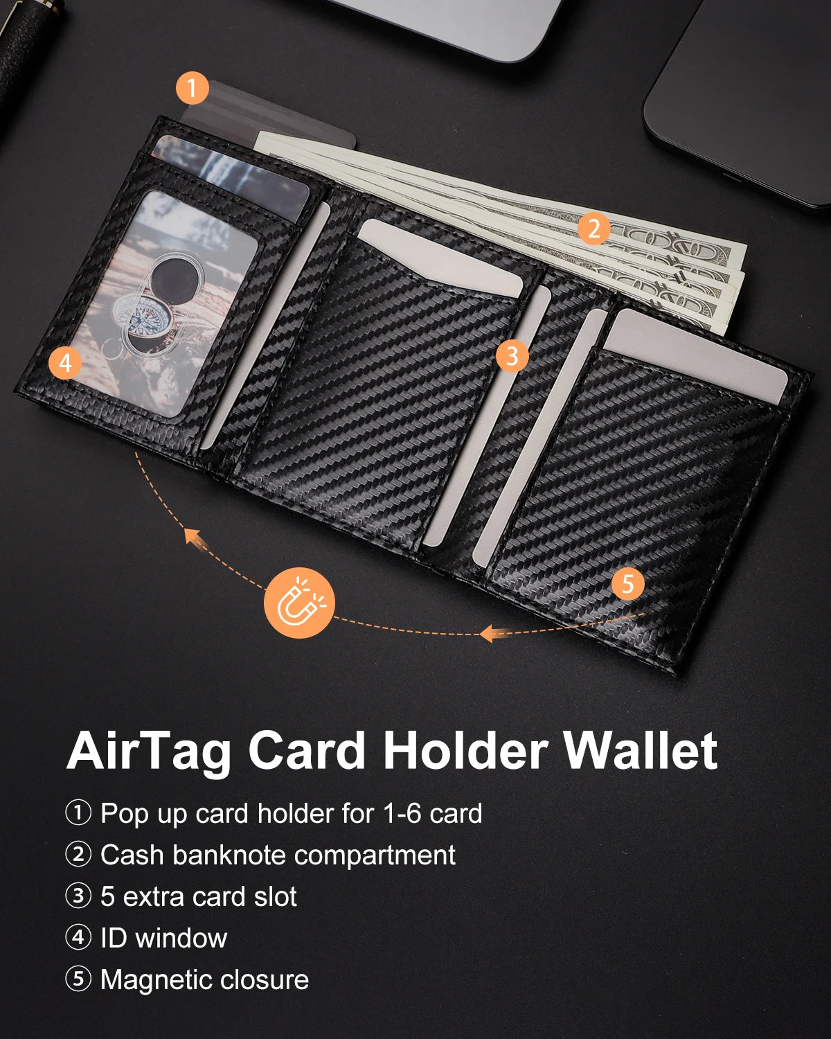 Carbon Fiber Mens Airtag Wallet RFID Blcoking Pop Up Aluminum Card Holder Slim Male Smart Front Pocket with Banknote Compartment