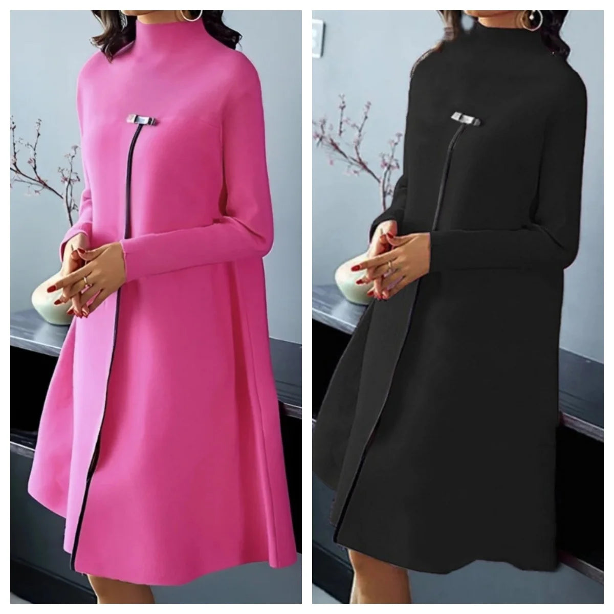 Spring Autumn New Fashion Temperament Style Long Sleeve Dress Elegant Women Round Neck Casual Loose High Split Design Dresses