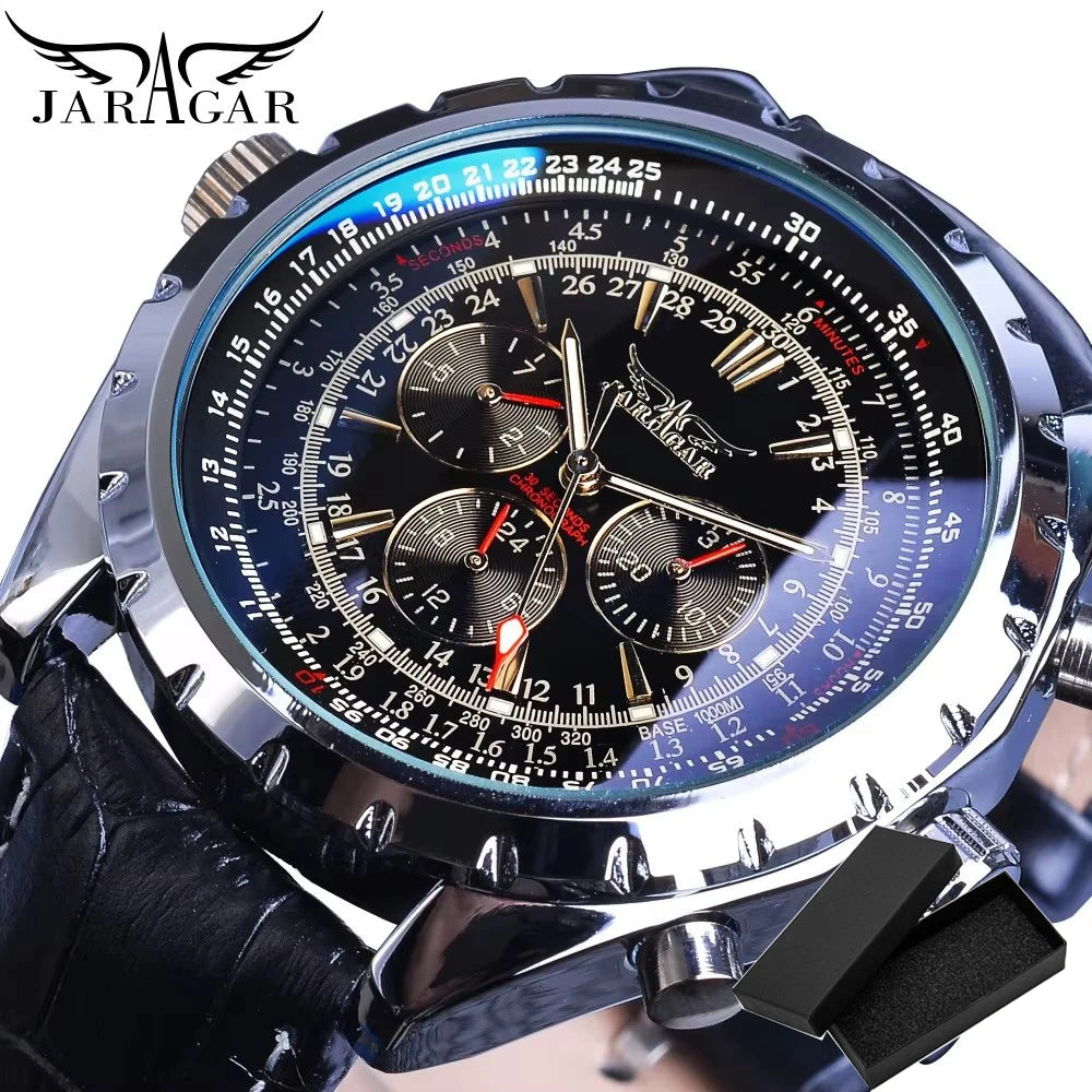 KIMLUD, Jaragar Blue Glass Design Black Silver Automatic Watch Stainless Steel Date Clock Luminous Men Business Mechanical Wristwatch, GMT1144-2Small, KIMLUD APPAREL - Womens Clothes