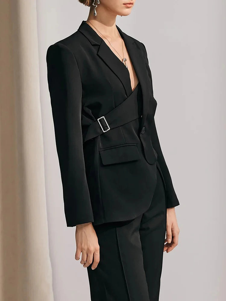 VGH Irregular Hollow Out Elegant Blazer For Women Notched Collar Long Sleeve Spliced Button Temperament Slimming Blazers Female