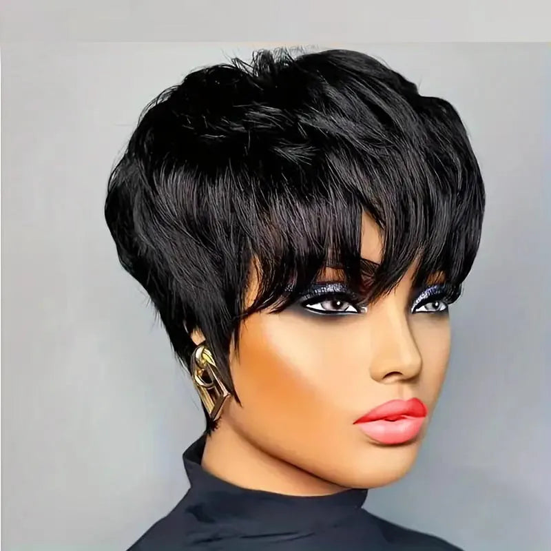 KIMLUD, Pixie Cut Wigs For Women Human Hair Short Bob Wig With Bangs Layered Pixie Cut Wig 9A Brazilian Human Hair Full Machine Made Wig, Model Length / 1Pcs/Lot, KIMLUD APPAREL - Womens Clothes