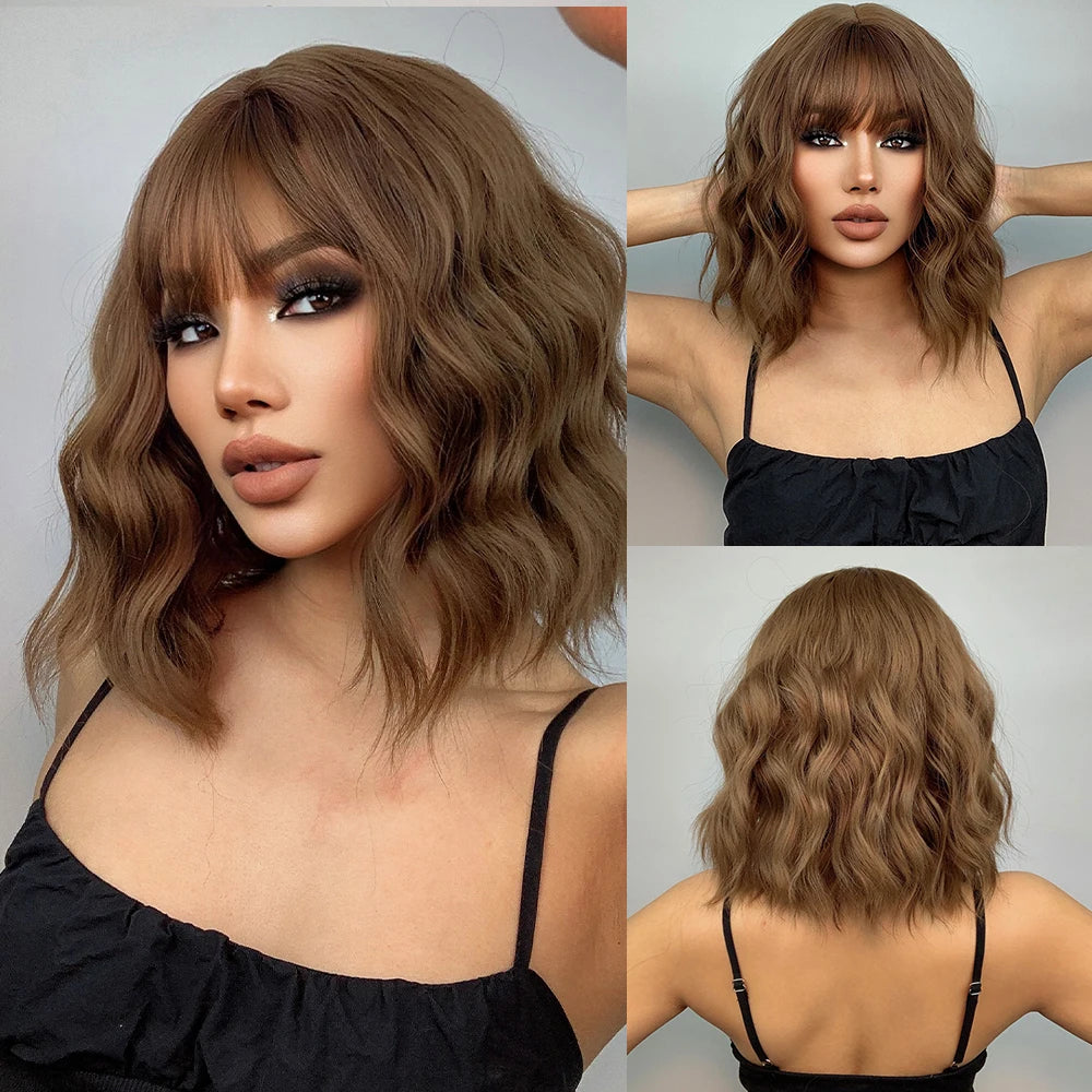 KIMLUD, HENRY MARGU Red Copper Ginger Synthetic Wigs with Bangs Medium Water Wave Natural Bob Daily Hair Wigs for Women Heat Resistant, SS170-4 wig, KIMLUD APPAREL - Womens Clothes