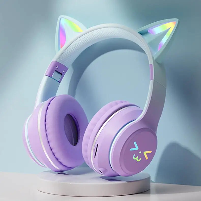 Gradient wireless Headphones RGB cute cat ear Bluetooth Earphones with microphone Stereo Music Game Earphone Girls Kids Gifts