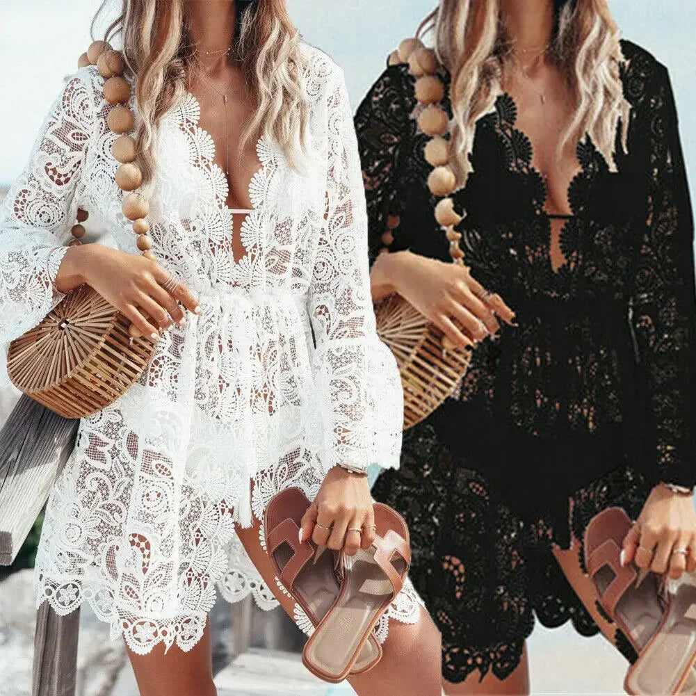 Bikini Cover Ups for Women Beach Sundress Boho Crochet White Knitted V-neck Scallop Trim Lace Dress Tunic Pareos Robe Beachwear