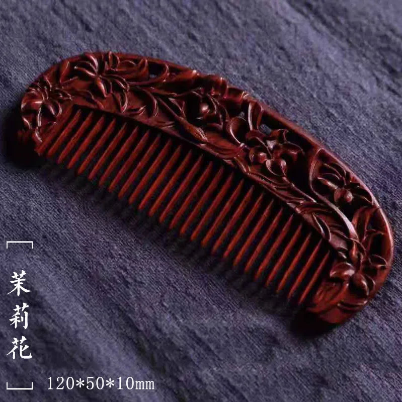 Natural Rhinoceros Horn Small Leaf Red Sandalwood Carved Wood Comb Retro Style Massage Comb Gifts with comb - KIMLUD