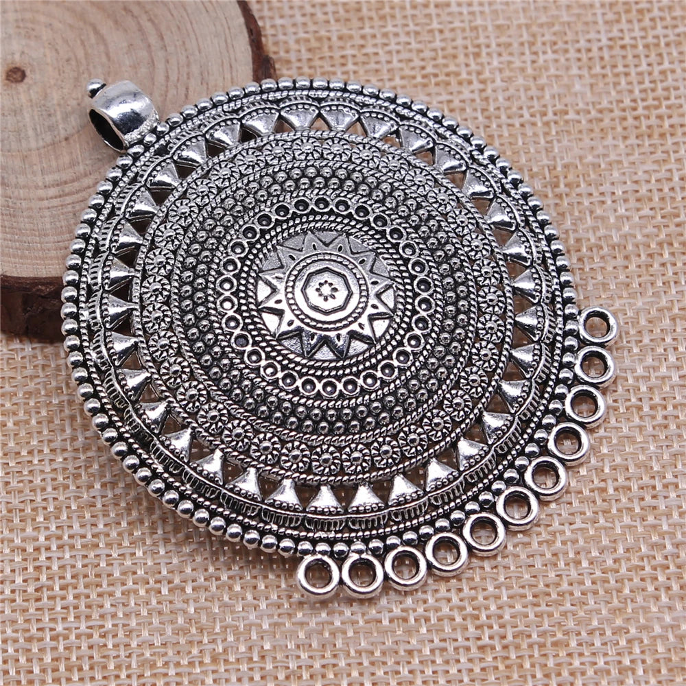 WYSIWYG 1pcs 74x60mm Antique Silver Color Carved Round Necklace Connector Charms Pendant For DIY Jewelry Findings