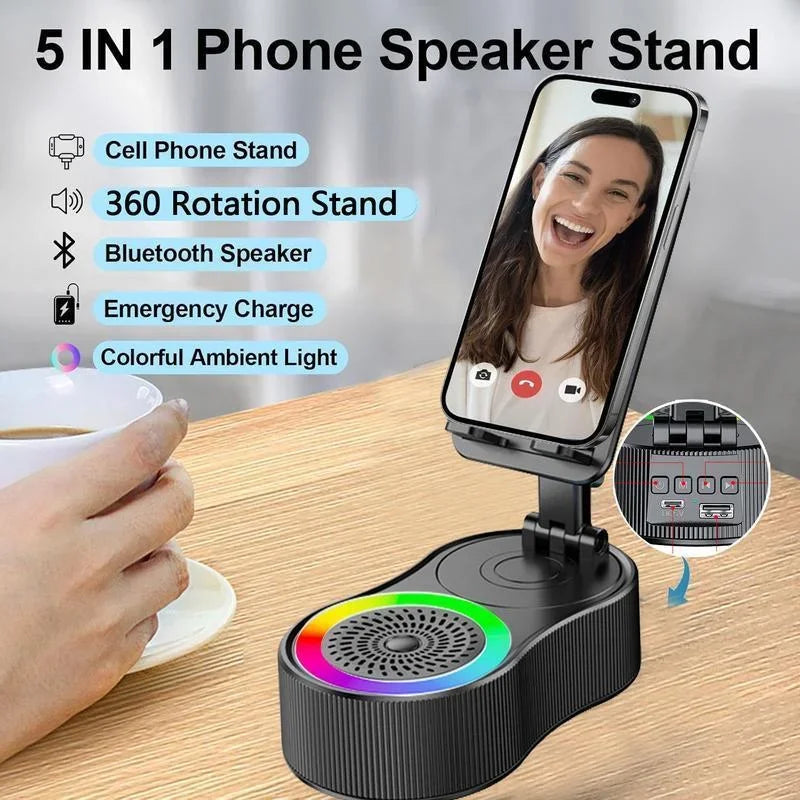 Wireless Speaker with Colorful Ambient Light 360°rotatable Adjustable FoldingLift-non-slip Phone Holder 5.3 HDSurround Subwoofer