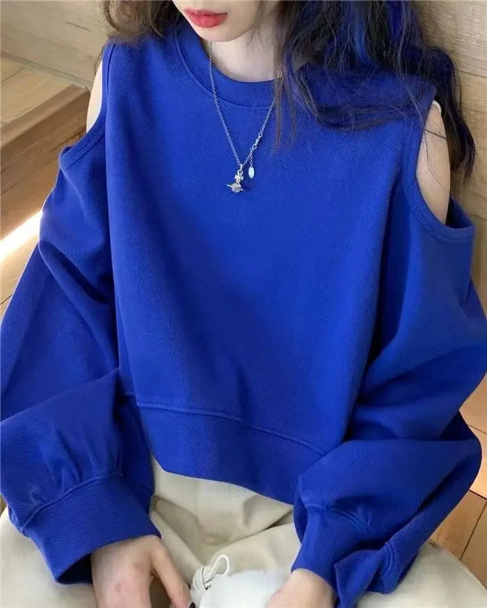 Spring Autumn Casual Fashion Hollow Out Sweatshirt Ladies Loose All-match Off the Shoulder Top Women Korean Style Solid Pullover