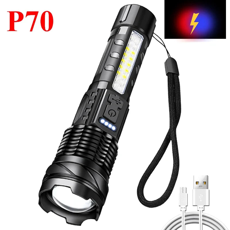 Super Bright P70/G50 Flashlight Powerful 8Modes Emergency Tactical Power Display Light 18650 Built-in Rechargeable T6+COB Torch