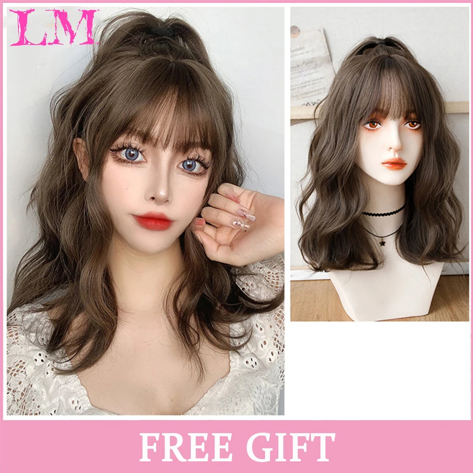 LM Long Natural Wavy Platinum Blonde Pink Wigs with Bangs Cosplay Party Lolita Synthetic Wigs for Women Heat Resistant Fiber