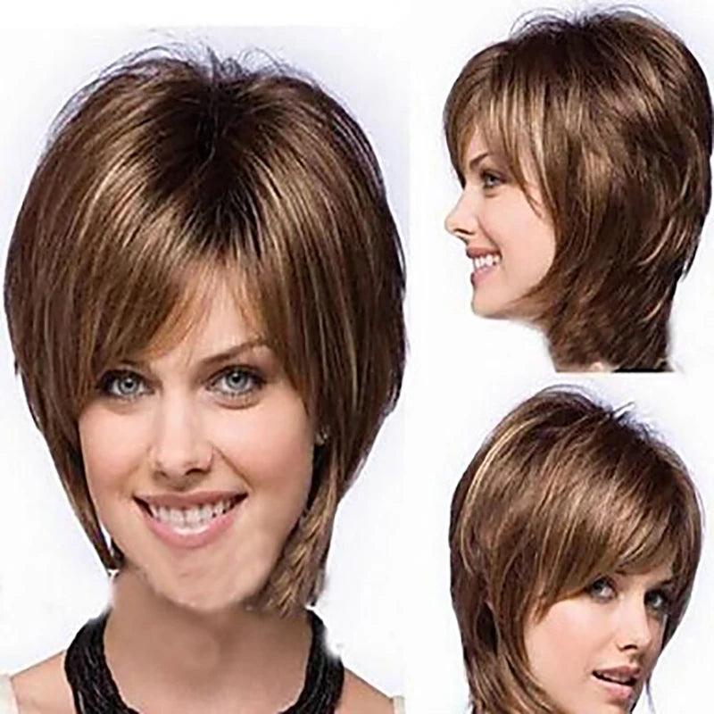 KIMLUD, HAIRJOY Women Straight Bangs Style Pixie Cut Synthetic Hair Wig Brown Mixed Short Wigs Machine Made, KIMLUD Womens Clothes