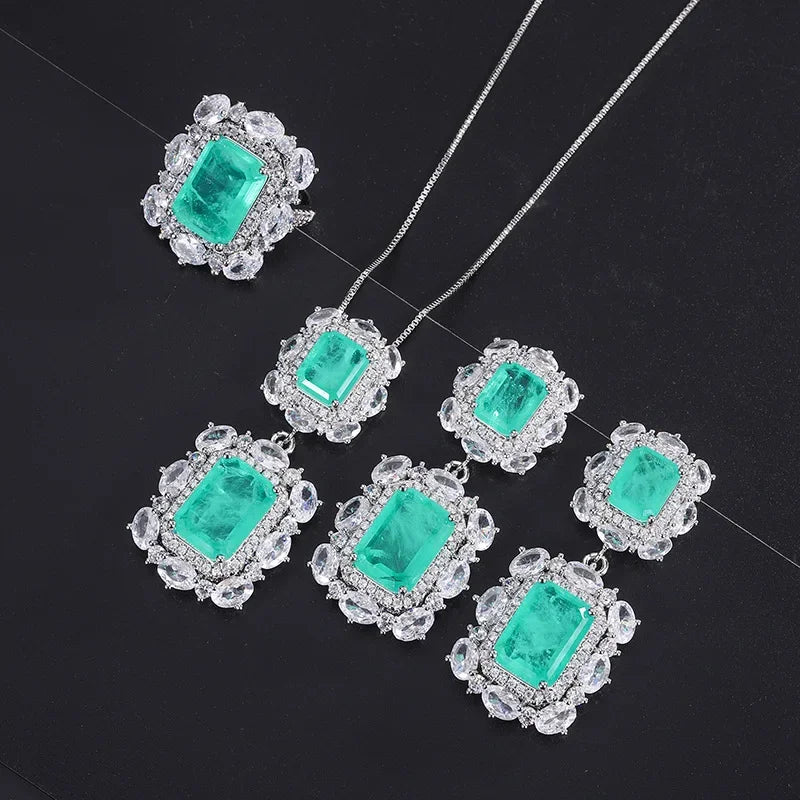 KIMLUD, 2024 New 925 Sterling Silver Paraiba Necklace Pendant Ring Earring Women Luxury wedding anniversary Gift Party Fine Jewelry Set, KIMLUD Womens Clothes