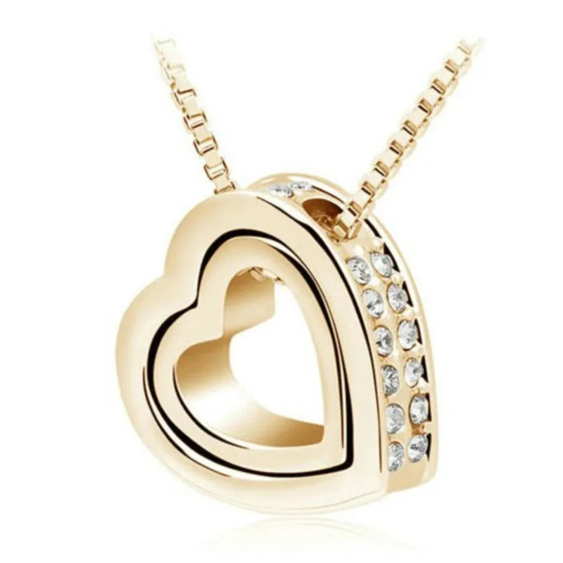 KIMLUD, quality float double Heart Pendant sweater chain Necklace crystal shine rhinestone charm birthday gift girls wed fashion jewelry, KIMLUD Womens Clothes