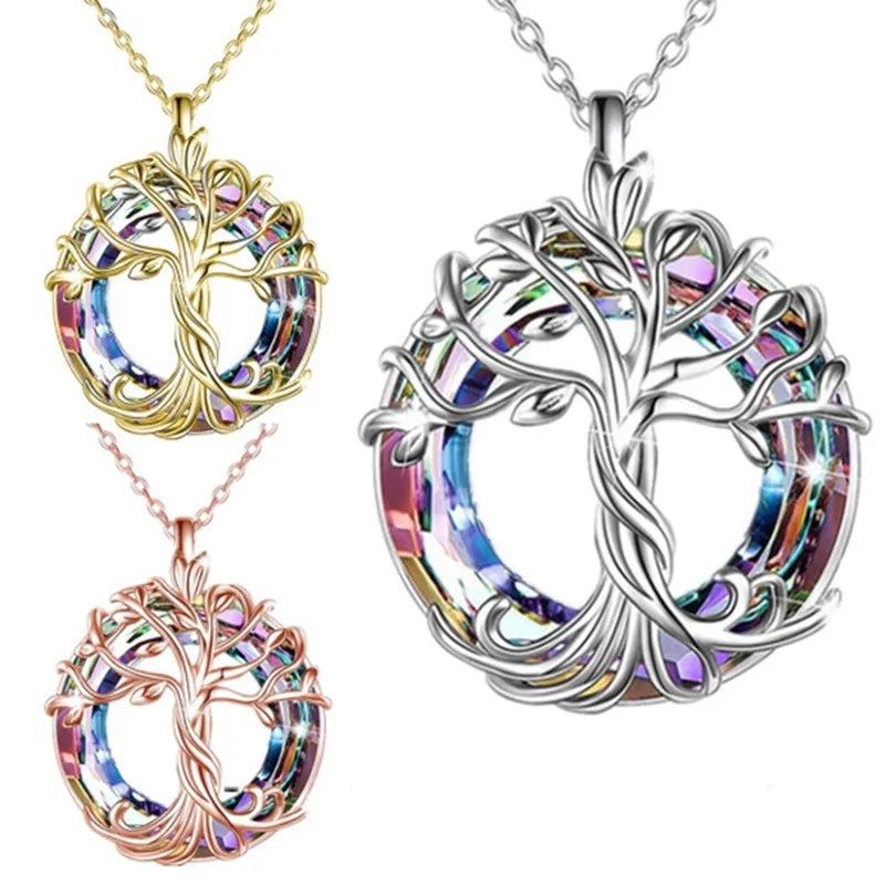 KIMLUD, Jewelry for Women Celtic Family Tree of Life Necklace for Women Rainbow Crystal Pendant Birthday Valentines Day Gift Collares, Gold / China / 50cm, KIMLUD APPAREL - Womens Clothes