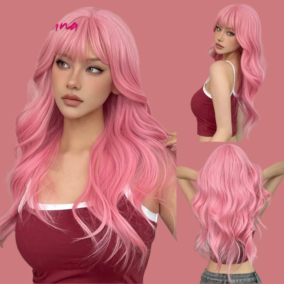 KIMLUD, Long Straight Pink Mixed White Synthetic Wigs with Bangs Halloween Cosplay Colorful Wigs for Women Natural Hair Heat Resistant, WL1038-1 / CN, KIMLUD APPAREL - Womens Clothes