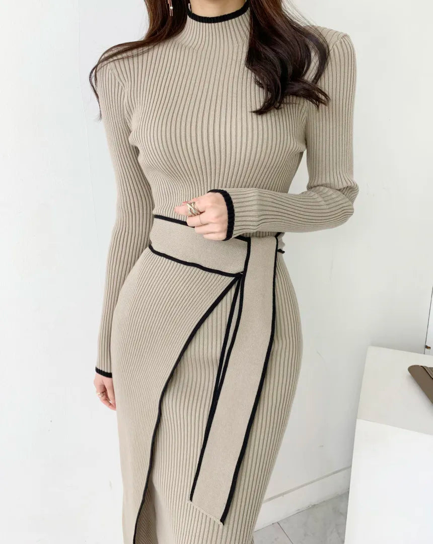 Elegant Stand Collar Contrast Bandage Long Sleeve Women Knitted Dress Autumn Korean Fashion Casual Knit Bodycondresses Vestidos