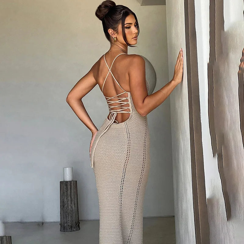 Bandage Backless Sexy Hollow Out Bodycon Beach Dress Sundress Women Summer Sleeveless V Neck Y2K Streetwear Maxi Long Dresses