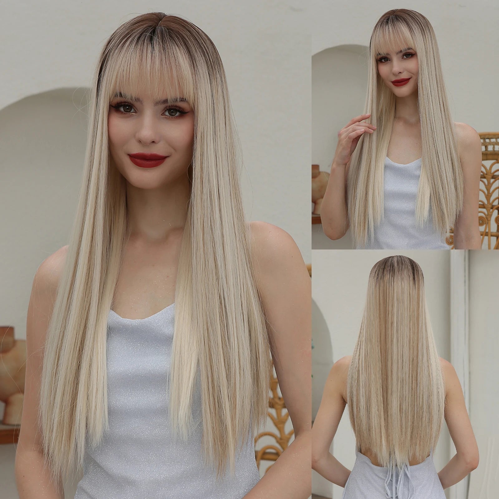 KIMLUD, Blonde Golden Synthetic Wigs Long Straight Hair Natural Wig for Women Middle Part Wigs Cosplay Party Heat Resistant Fake Hair, LC1073-1 / CHINA, KIMLUD APPAREL - Womens Clothes