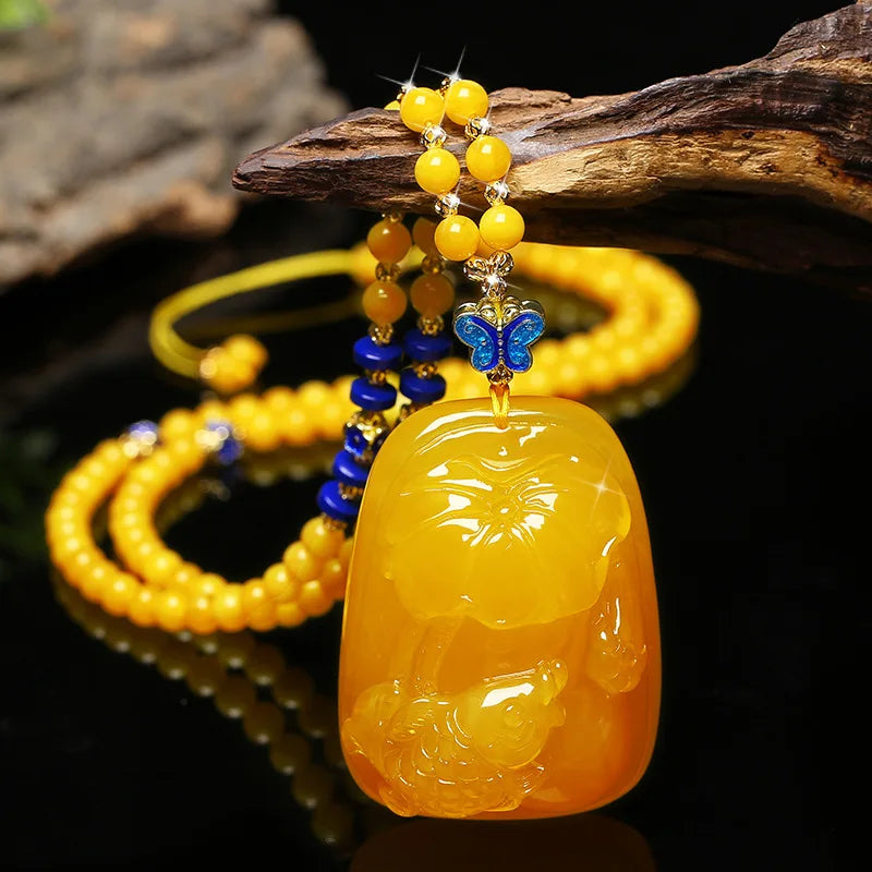 Drainage Gift Beeswax Pendant Women's Water Drop with Shape Sweater Chain Blue Carving Amber Necklace Pendant