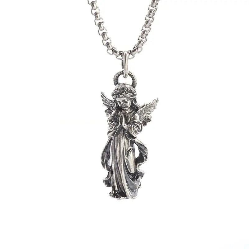 KIMLUD, Stainless Steel Creative Personality Prayer Angel Pendant Necklace Men and Women Fashion Trend Hip Hop Punk Accessories Jewelry, AL19306-Silver, KIMLUD APPAREL - Womens Clothes