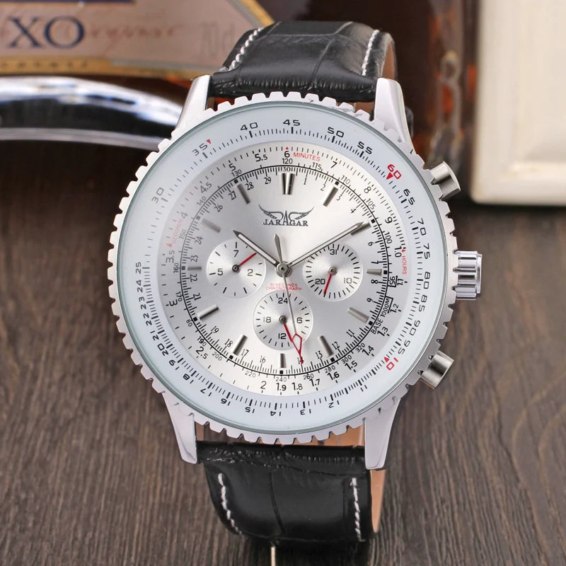 JARAGAR Original Replica Big Dial Multifunctional Automatic Man Watch Leather Vintage Mechanical Waterproof Male Wrist Watches - KIMLUD