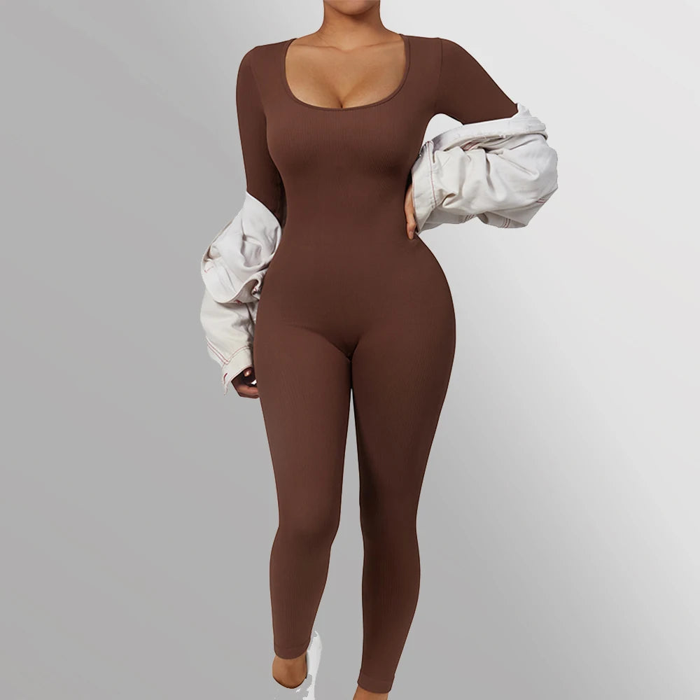 Long Sleeve Jumpsuit Women Bodycon One-piece Outfit Jumpsuit Square Neck Casual Streetwear Rompers Overalls playsuits Bodysuit