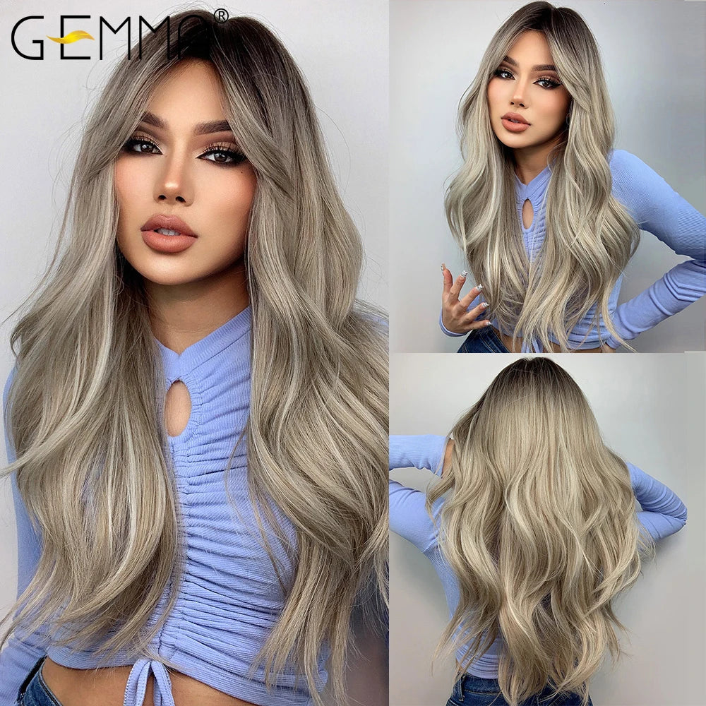 KIMLUD, GEMMA Ombre Brown Blonde Long Straight Synthetic Wigs with Bangs Cosplay Wig for Women High Temperature Natural Fake Hair, LC457-1, KIMLUD APPAREL - Womens Clothes