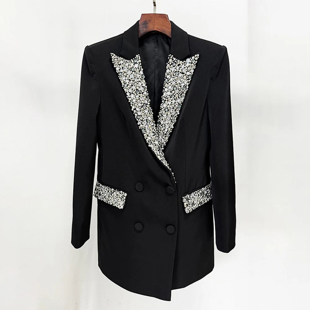 KIMLUD, BPN Loose Temperament Elegant Blazers For Women Notched Collar Long Sleeve Spliced Button Patchwork Diamonds Blazer Female New, BLACK / XL, KIMLUD APPAREL - Womens Clothes