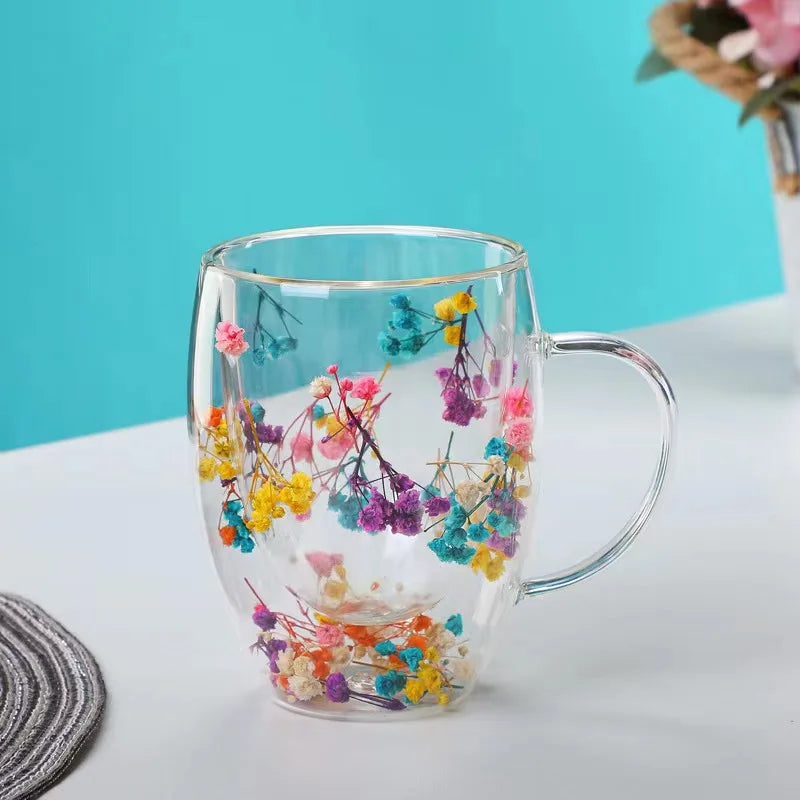 KIMLUD, 350ml Double Wall Coffee Mug With Handles Clear Milk Cups Gifts Glass Cup Fill Artificial Simulation Flowers Teacup, KIMLUD Womens Clothes