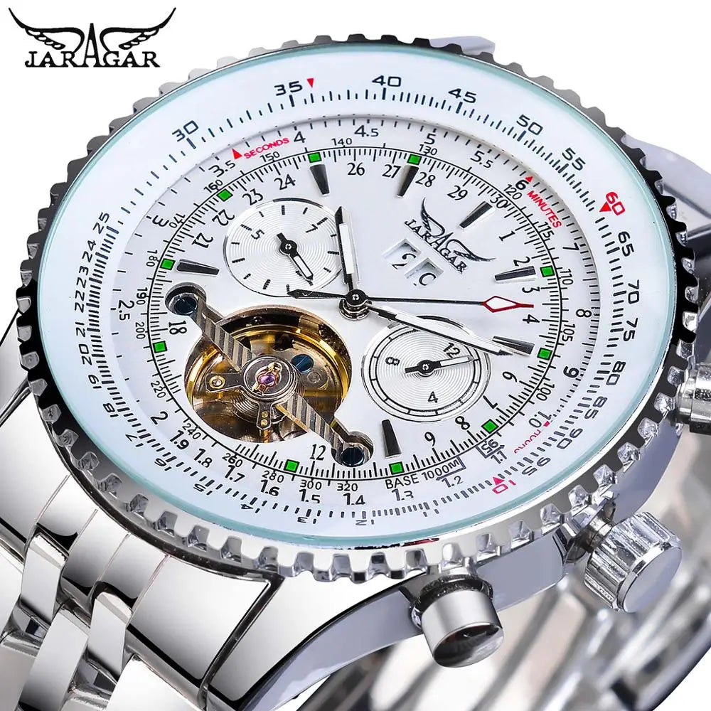 Jaragar Classic Tourbillon Men Mechanical Watch White Automatic Calendar Big Dial Stainless Steel Band Military Pilot Wristwatch