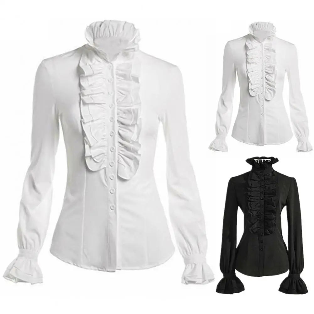 New Vintage Victorian Ruched Lace Shirts And Blouses Gothic Lolita Long Sleeve Ruffles Solid Black White Tops Shirt For Women