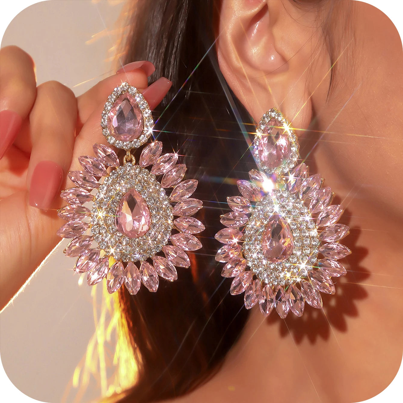 Vintage Rhinestone sunflower Statement Earrings Retro Big Cluster Crystal Drop Dangle Earrings for Women Girls