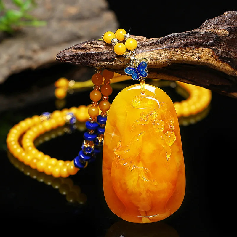 Drainage Gift Beeswax Pendant Women's Water Drop with Shape Sweater Chain Blue Carving Amber Necklace Pendant