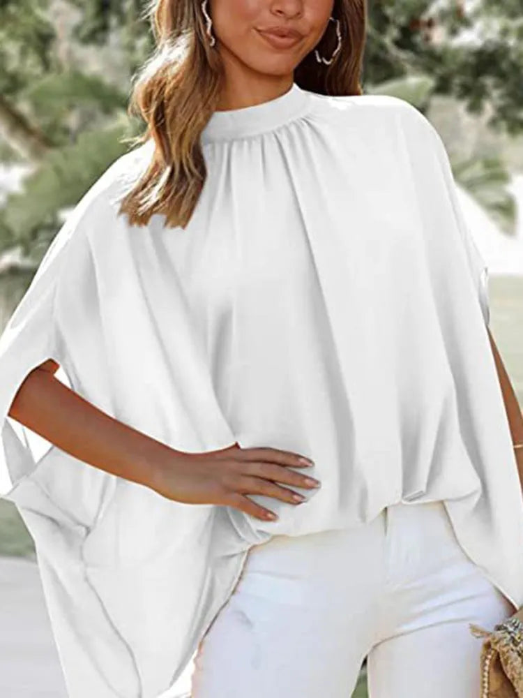 Boho Women's Blouse Elegant Short Sleeve Loose Fashion O-neck White Femme Top Casual Chiffon Blouses For Women 2023 New Summer