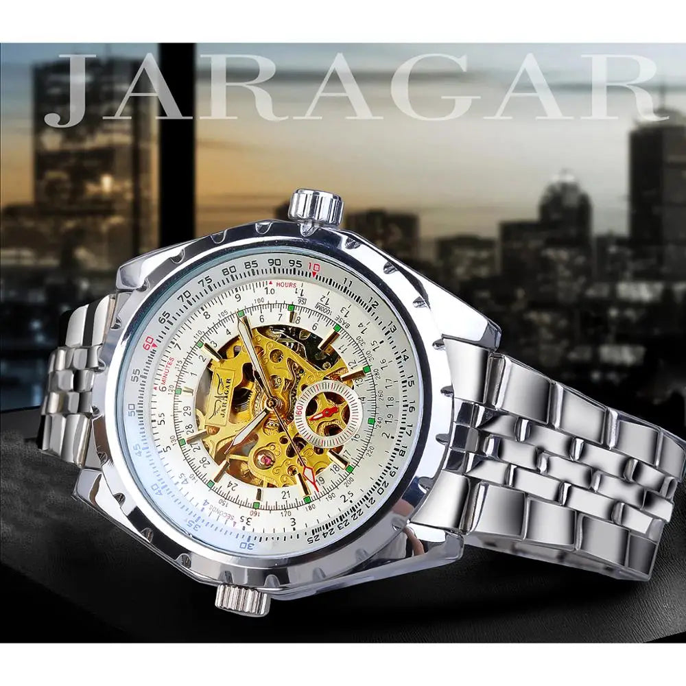 Jaragar Brand Classic Automatic Mens Watch Relojes Hombre Silver Skeleton Steel Sport Business Mechanical Clock Watches Relogio