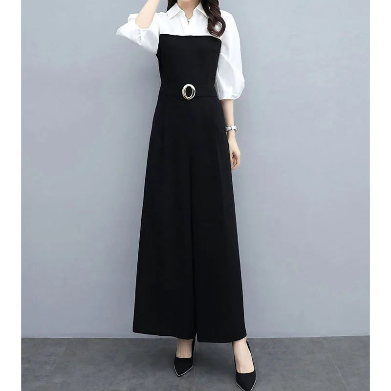 KIMLUD, Office Lady Fashion Solid Color Spliced Jumpsuits Summer Female 3/4 Sleeve Casual High Waist Wide Leg Jumpsuits Women's Clothing, KIMLUD Womens Clothes