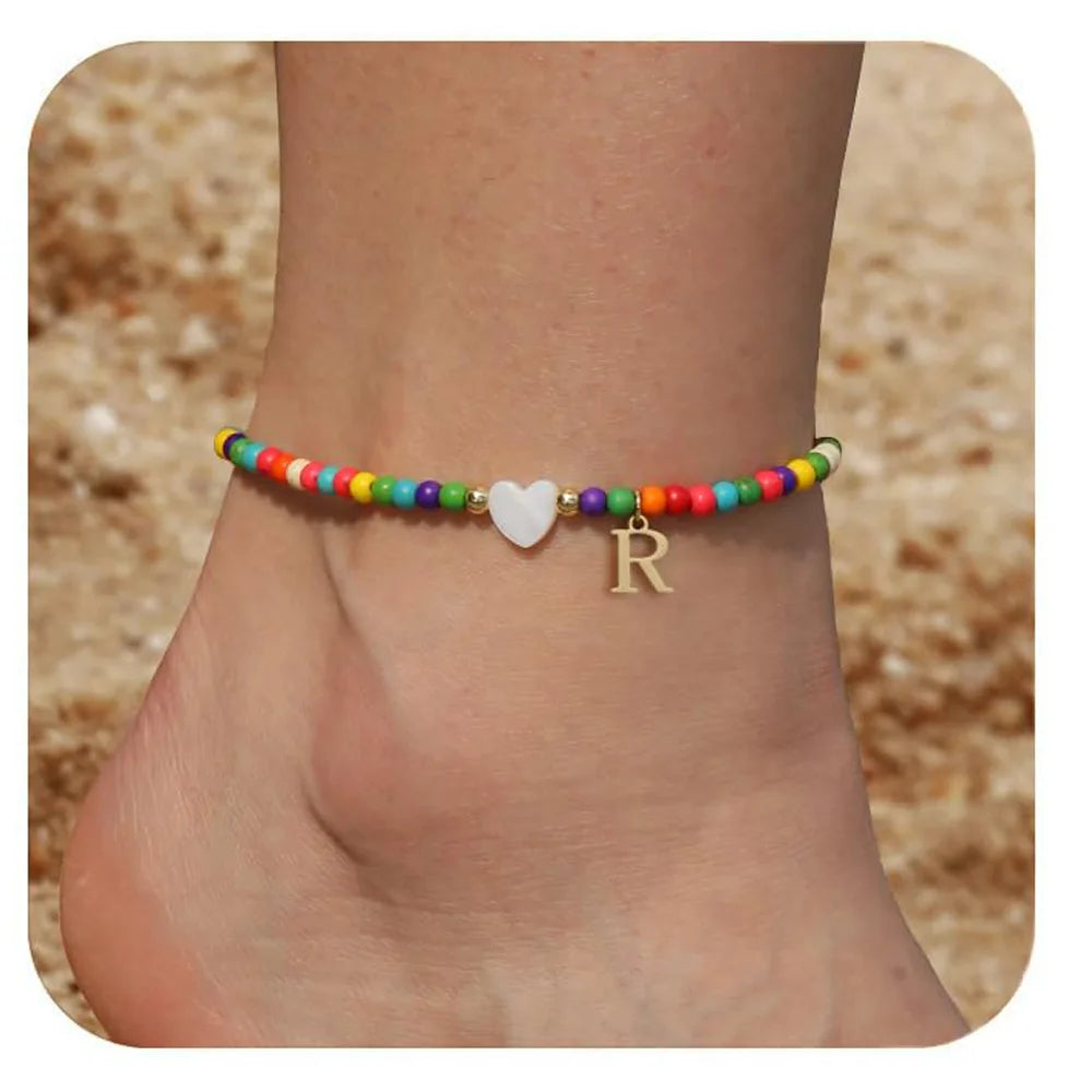 KIMLUD, Rainbow Round Beads Anklet Stainless Steel Love Heart 26 Letters A-Z Pendant Anklets For Women Boho Gold Color Ankle Bracelet, R, KIMLUD APPAREL - Womens Clothes