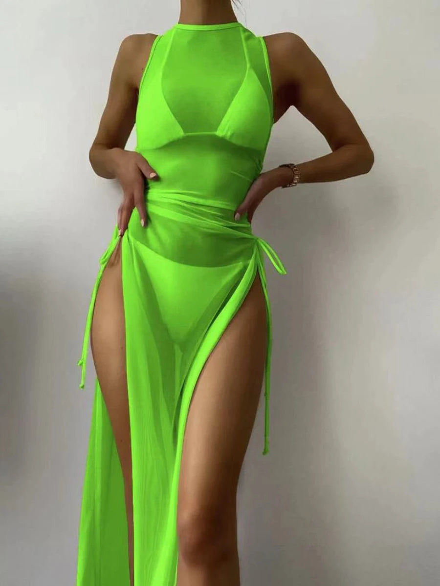 KIMLUD, 3 Pieces Thong Bikini 2023 Women With Dress String Swimwear Female Solid Swimsuit Beach Wear Bathing Swimming Suit Summer, Green / M, KIMLUD Womens Clothes