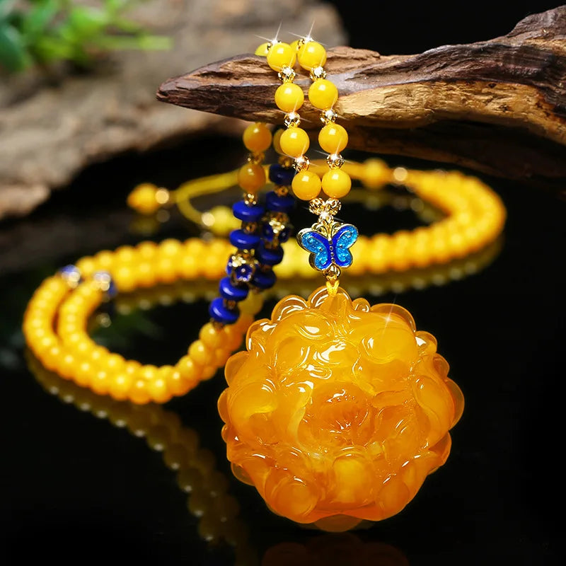 Drainage Gift Beeswax Pendant Women's Water Drop with Shape Sweater Chain Blue Carving Amber Necklace Pendant