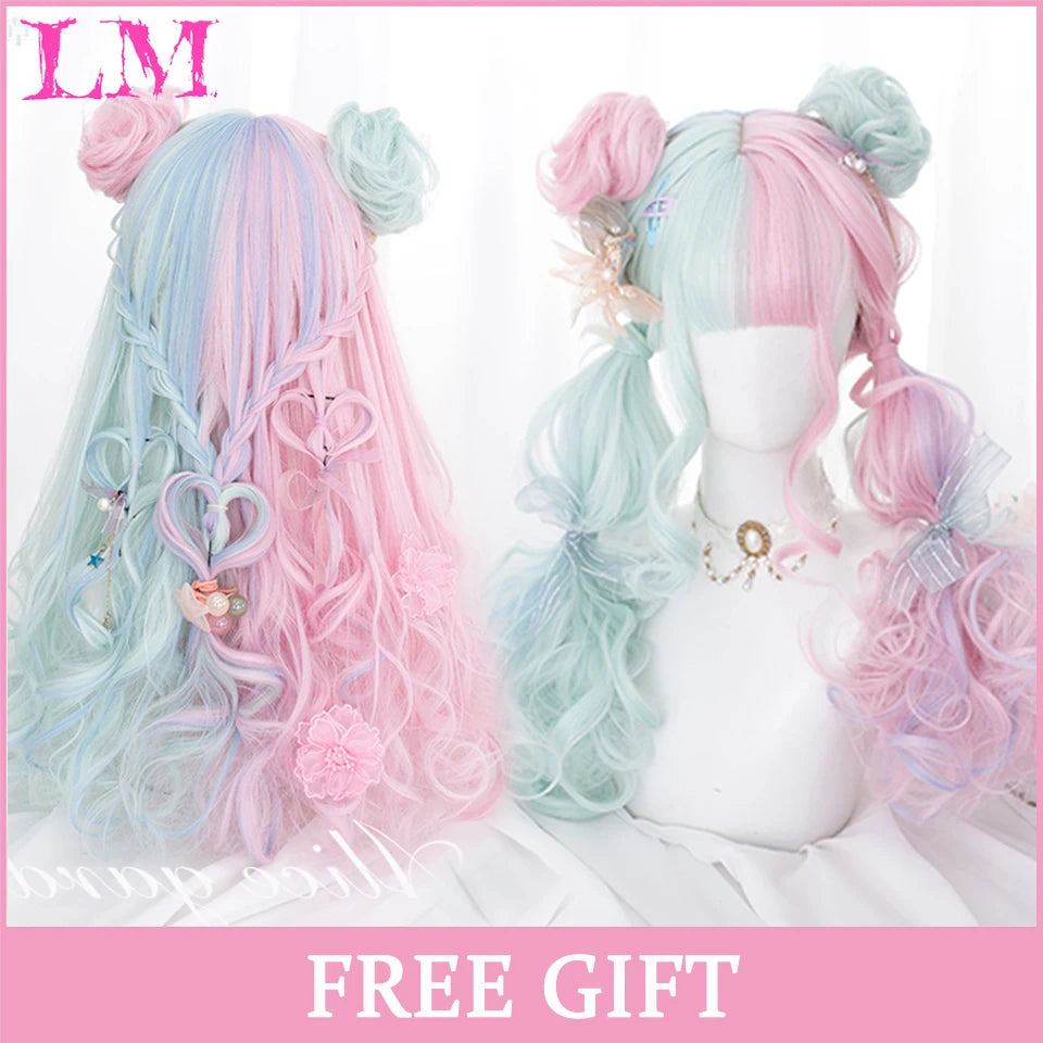 LM Long Natural Wavy Platinum Blonde Pink Wigs with Bangs Cosplay Party Lolita Synthetic Wigs for Women Heat Resistant Fiber