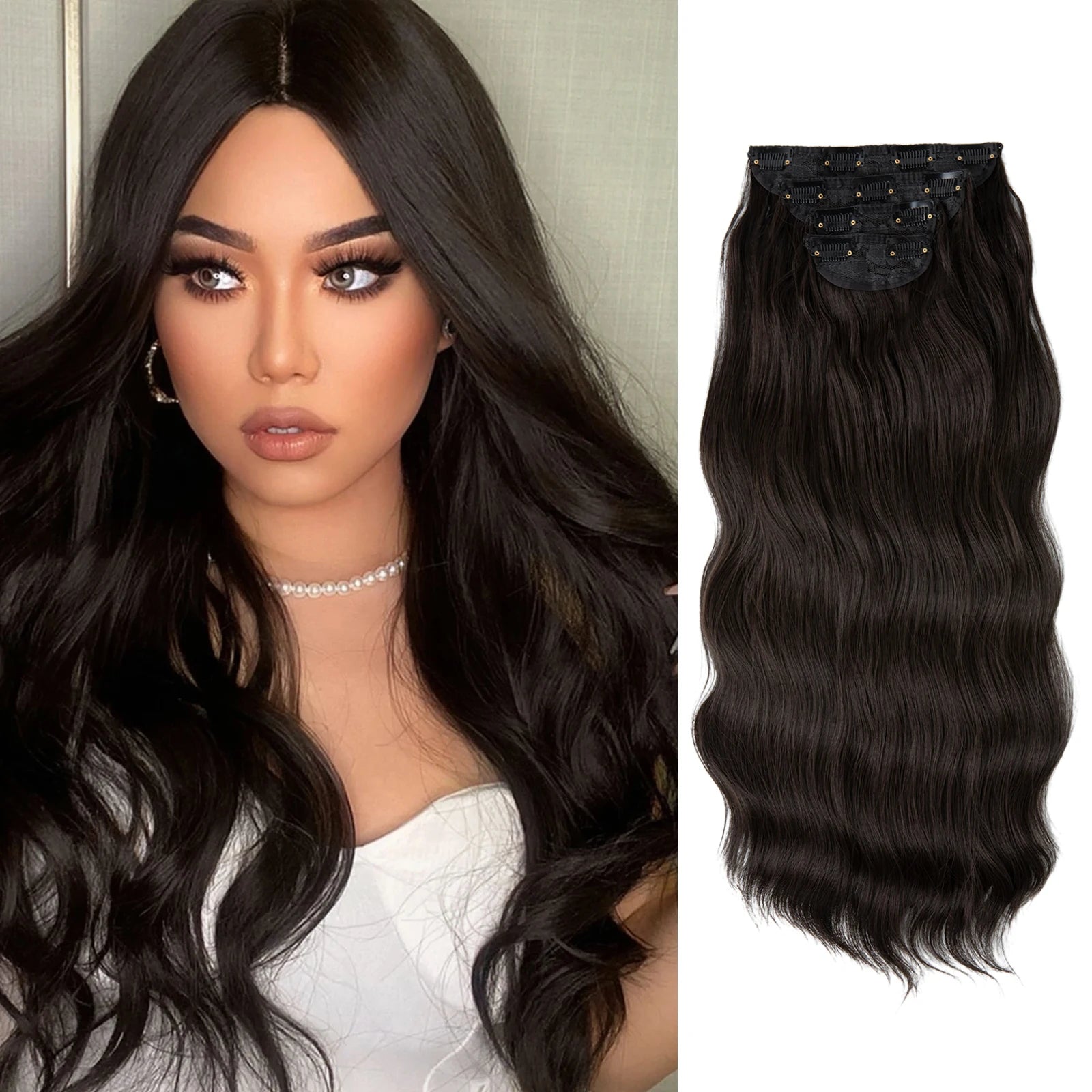 22" 4pcs/set Synthetic Clip In Hair Extensions Elegant Long Wavy Thick Hairpiece Daily Use Brown Blonde Natural Fake Hair - KIMLUD