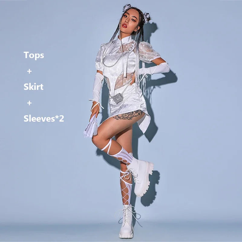 2023New Jazz Dance Costume Women Sexy White Lace Gogo Dancer Outfit Hip Hop Clothes Korean Singer Stage Costume Dj Ds Rave Wear - KIMLUD