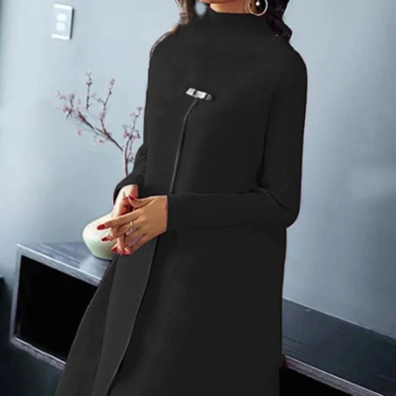 Spring Autumn New Fashion Temperament Style Long Sleeve Dress Elegant Women Round Neck Casual Loose High Split Design Dresses