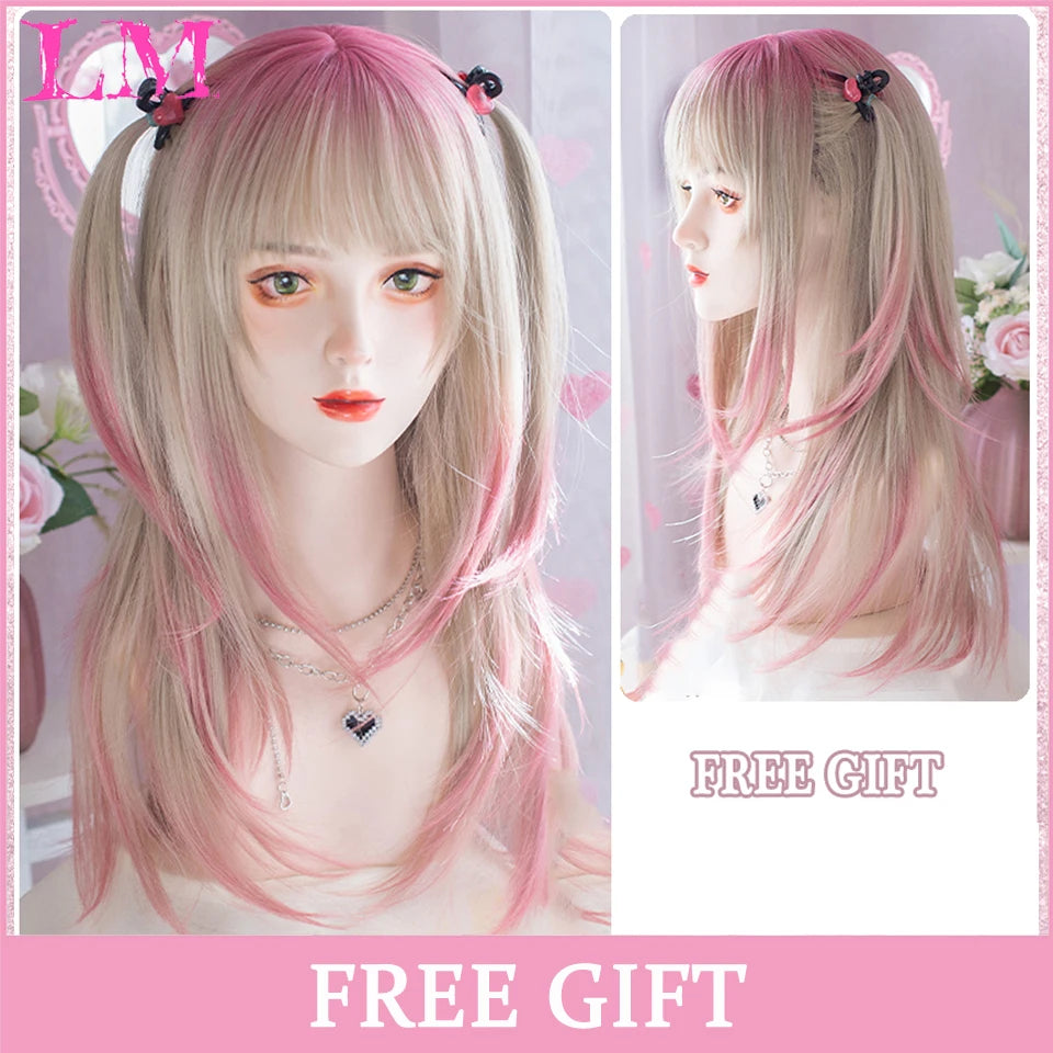 LM Long Natural Wavy Platinum Blonde Pink Wigs with Bangs Cosplay Party Lolita Synthetic Wigs for Women Heat Resistant Fiber