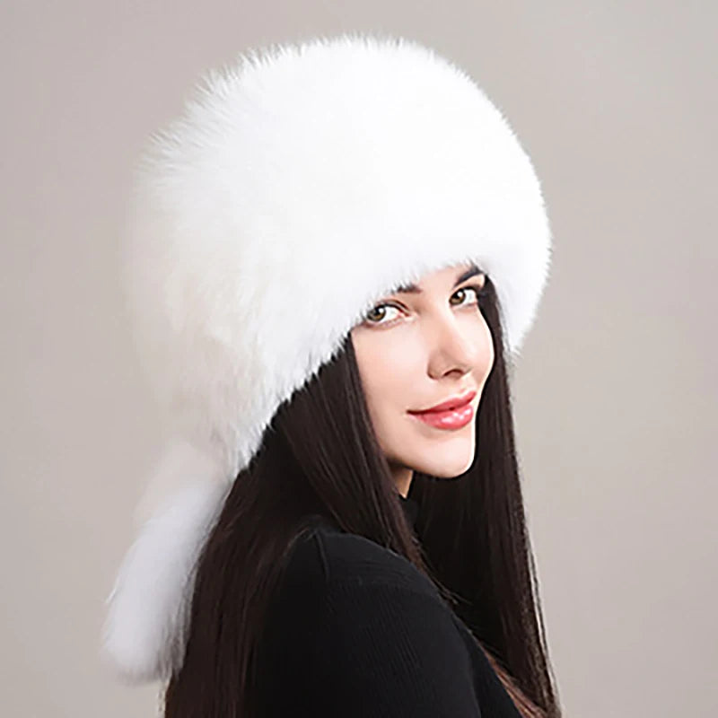 KIMLUD, 2024 Hot Sale Winter Women Fox Fur Hat Fluffy Soviet Female Outdoor Warm Cap Snow Fur Hats 5 tails Real Fox Fur Cold Bomber Hats, white / Suitable everyone, KIMLUD APPAREL - Womens Clothes