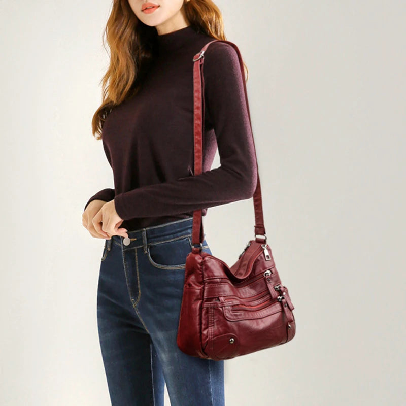 Women's Multi Zipper Shoulder Bag, Versatile Solid Color Faux Leather Crossbody Bag - KIMLUD