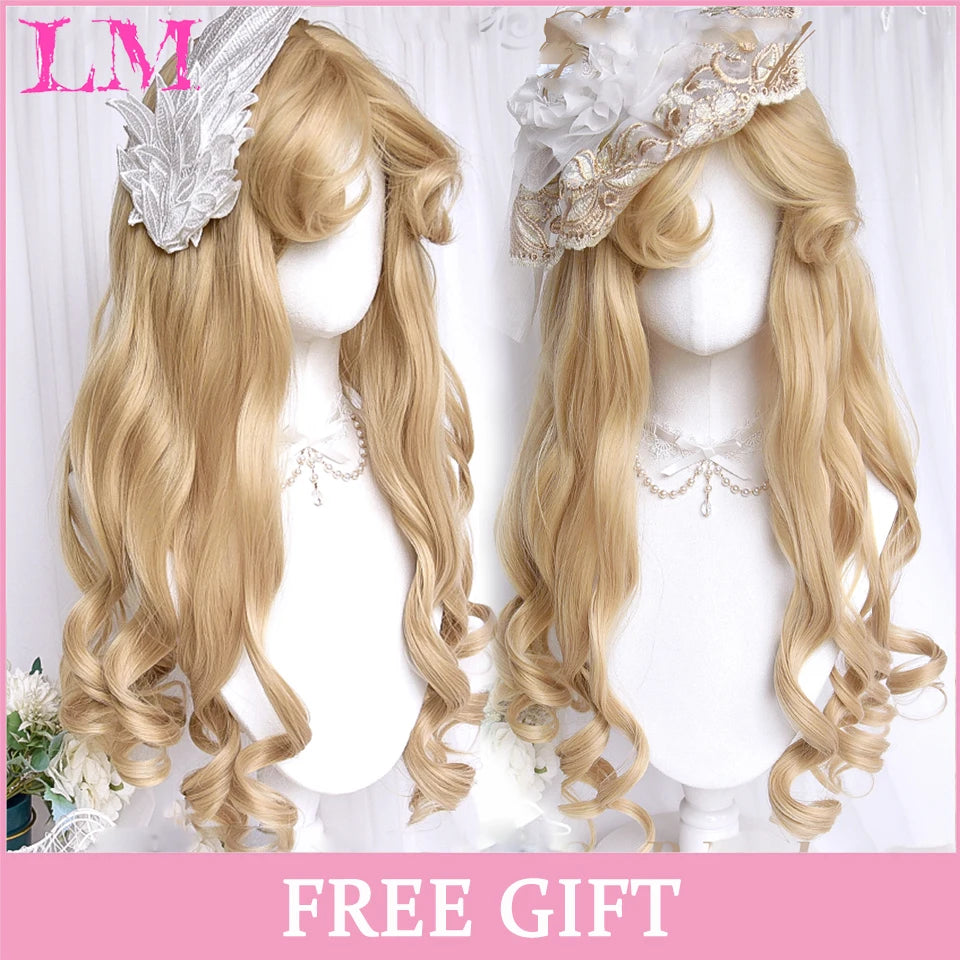 LM Long Natural Wavy Platinum Blonde Pink Wigs with Bangs Cosplay Party Lolita Synthetic Wigs for Women Heat Resistant Fiber